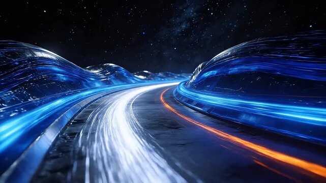 Sci fi racing track with metallic mountains and colorful light trails
