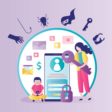 Parental control, boy uses smartphone and applications with good security. Defense from hacker attacks, viruses, scams. Mobile phone is protected by an antivirus