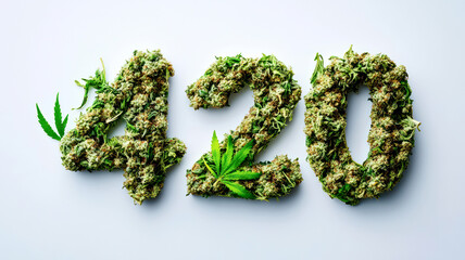 Number 420 made of cannabis flowers on light background. Symbol of cannabis smoking culture