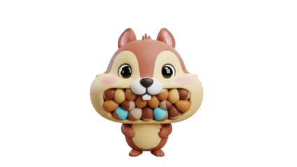 A cartoon squirrel with nuts in its mouth standing on its hind legs, viewed from the front