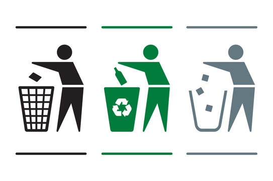 Stick man throwing trash into garbage can , Man throw garbage with recycle symbol icon Set 