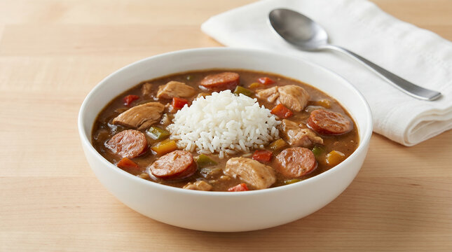 Classic Louisiana Chicken and Sausage Gumbo with Rice &ndash; Traditional Cajun Food