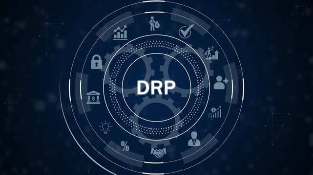 Digital data processing network with D R P text and business finance on dark blue background