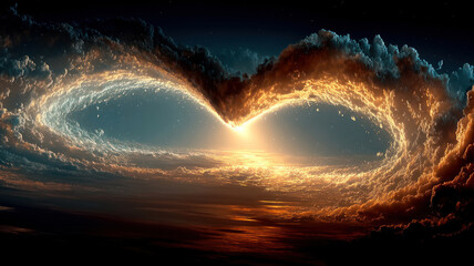 Colorful clouds spiral majestically over the ocean as the sun sets, creating an ethereal atmosphere.