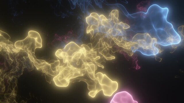 smoke drifts and flows as colorful glowing abstract wisps on dark background calm ethereal static closeup 3D render by Generative AI