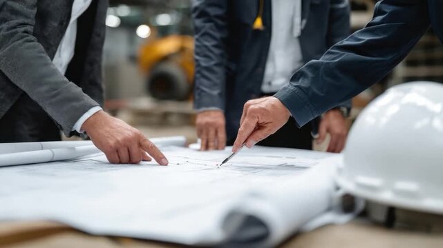 Blueprint Consultation: Close-up of construction workers engrossed in examining blueprints, engaging in a detailed consultation for a project. Focus on teamwork and collaborative planning