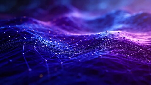 Abstract neural network waves with purple lines and nodes in deep space