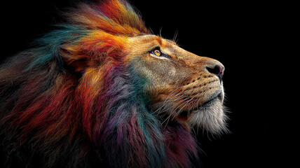 Portrait of lion on black background. Its mane is multi-colored, looking like LGBT flag