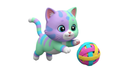 A playful cartoon cat playing with a colorful ball in a dynamic pose
