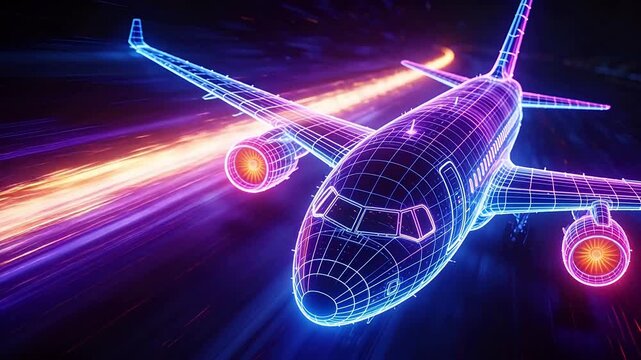 Neon wireframe airplane flying with light trails