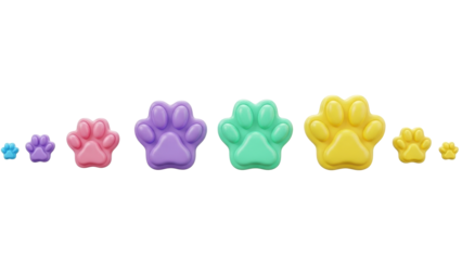 Colorful paw prints in various sizes arranged in a row on a clean surface