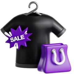 3D Black T Shirt with Sale Tag and Purple Shopping Bag Icon