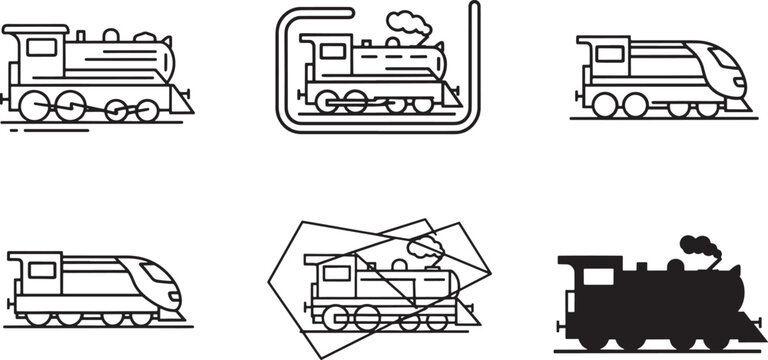 Diverse collection of train icons showcasing different styles and types of railway vehicles