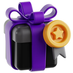 Premium 3D gift box icon with purple ribbon and gold reward star badge