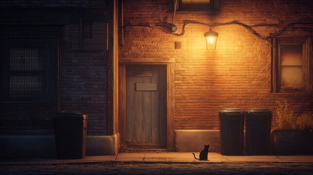 Black cat sitting on sidewalk in front of old wooden door and brick wall lit by glowing street lamp at night portraying solitude.