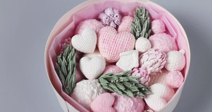 Beautiful, delicious, handmade pink marshmallows in the shape of hearts and balloons for Valentine's Day
