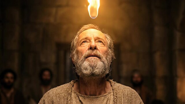 Bearded Apostle Looking Up with Burning Tongue of Fire above Head Depicting Descent of Holy Spirit during Pentecost Biblical Event in New Testament History