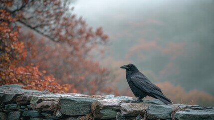 Obraz premium Black bird on a stone wall close up among colorful autumn leaves in foggy weather. Seasonal wildlife capture for nature concept.
