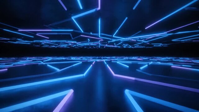 Futuristic neon-lit corridor with abstract geometric patterns and blue illumination from overhead perspective.