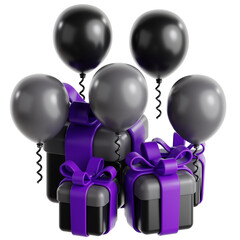 Premium 3D Black Gift Boxes Purple Ribbon Metallic Balloons Celebration Concept