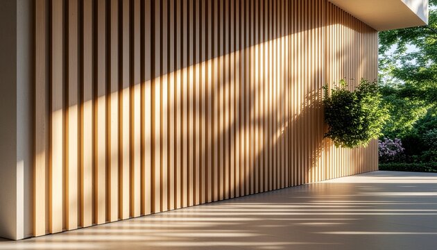 Modern Architectural Facade Detail with Vertical Wooden Louvers, Sunlight, and Green Plant"