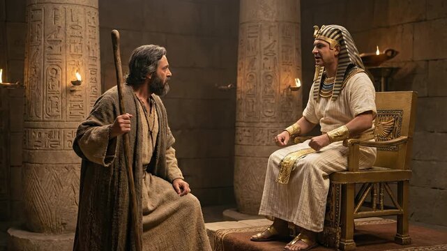Biblical Prophet Moses Holding Wooden Staff Standing before Pharaoh Sitting on Golden Throne in Egyptian Palace Depicting Let My People Go Exodus Scene