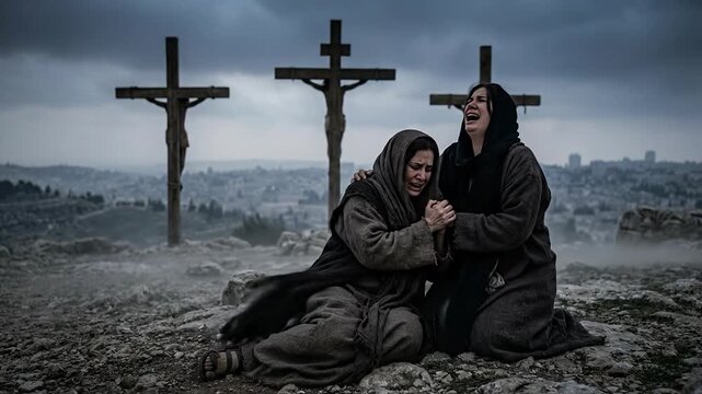 Two Sorrowful Women Mary and Magdalene Crying on Ground near Three Wooden Crosses on Calvary Hill Depicting Grief during Crucifixion of Jesus Christ