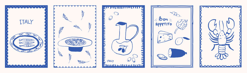 Vintage Sicily and Amalfi Coast travel poster with lemons, sea animals, and blue Mediterranean coastline. Italian summer postcard vector illustration in retro Dolce Vita style.