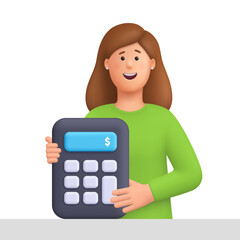 Young smiling woman Kate holding big calculator. Business, finance, accounting, tax and budget planning concept. 3d vector people character. Cartoon minimal style.