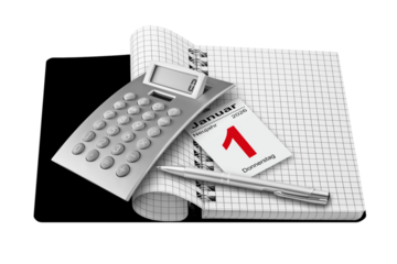 Finanzen   Rechner mit Notizbuch und Kalender  Datum 1. Januar 2026 Hintergrund transparent PNG cut out