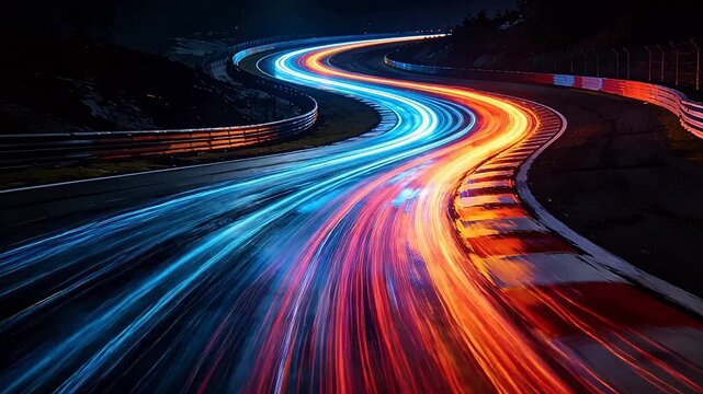 Night race track with colorful car light trails and curves