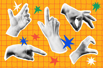 Halftone hand collage elements collection. Gesture signs and funky stars creative design template.