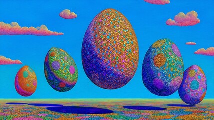 Surrealist Art Of Giant Floating Patterned Easter Eggs