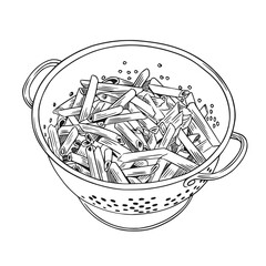Colander with pasta. Boiled penne in metal kitchenware. Hand drawn line art vector illustration