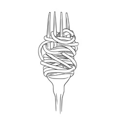 Fork with Spaghetti pasta. Hand drawn sketch line art vector illustration