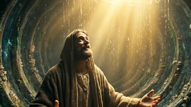 Biblical Prophet Jonah Looking Up at Divine Light while Trapped inside Belly of Great Whale Depicting Prayer and Salvation Story in Old Testament