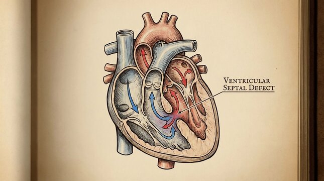 Medical illustration showing ventricular septal defect in human heart