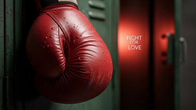 Red Boxing Glove Hanging in Locker.