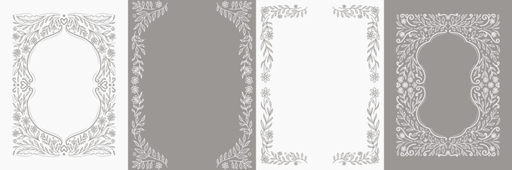 Сollection of backgrounds with elegant hand drawn line art frames. Border with leaves, branches, flowers on beige and white background. Vector design for card, wedding invitation, cover, banner, menu © Feodora_21