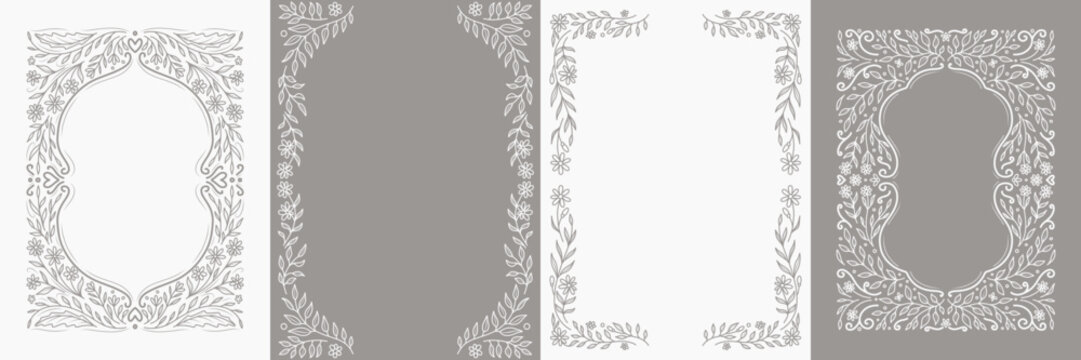 Сollection of backgrounds with elegant hand drawn line art frames. Border with leaves, branches, flowers on beige and white background. Vector design for card, wedding invitation, cover, banner, menu