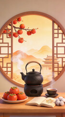 3D Rendered Traditional Chinese Tea Ceremony Scene with Black Teapot, Persimmons, Open Book and Classic Lattice Window Overlooking Mountain Landscape, Ideal for Cultural and Relaxation Concepts