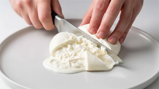 Hands slicing into a fresh burrata cheese on a white plate, revealing the creamy stracciatella interior. Close-up of cutting gourmet Italian mozzarella burrata in a minimalist setting.