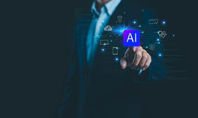 Artificial intelligence technology concept with businessman pressing AI button on virtual interface, representing machine learning, digital transformation, automation, data analytics, and future.