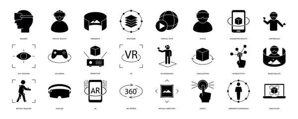 Virtual reality icon set. Containing VR, augmented reality, headset, immersive, mixed reality, AR, VR experience, mixed reality and more. Solid vector icons collection, eps 10.