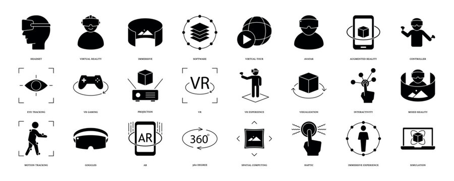 Virtual reality icon set. Containing VR, augmented reality, headset, immersive, mixed reality, AR, VR experience, mixed reality and more. Solid vector icons collection, eps 10.