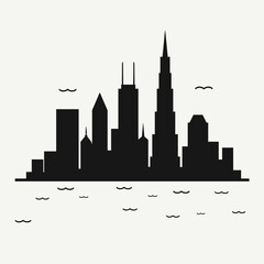 Obraz premium Black silhouette of modern city skyline with varying heights and architectural styles. This image represents concepts of urban development, city planning, and architectural diversity.