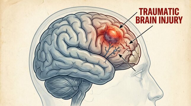 Medical illustration of traumatic brain injury with frontal lobe damage