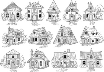 Obraz premium Collection of whimsical fairytale cottage illustrations, hand-drawn fantasy house line art for coloring books and storybooks.