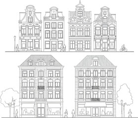 Obraz premium Coloring Page of Traditional Dutch Canal Houses with Detailed Architecture and Street Life Outline