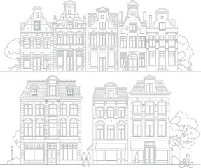 Obraz premium Detailed Line Art Illustration of European Townhouses and Cityscape for Adult Coloring Book